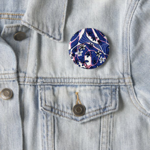 Maximalistische bloemige Neuro Art - Blauw Roze Wi Ronde Button 5,7 Cm