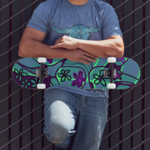 Maximalistische Bloemrijke Neuro Kunst - Teal Paar Persoonlijk Skateboard