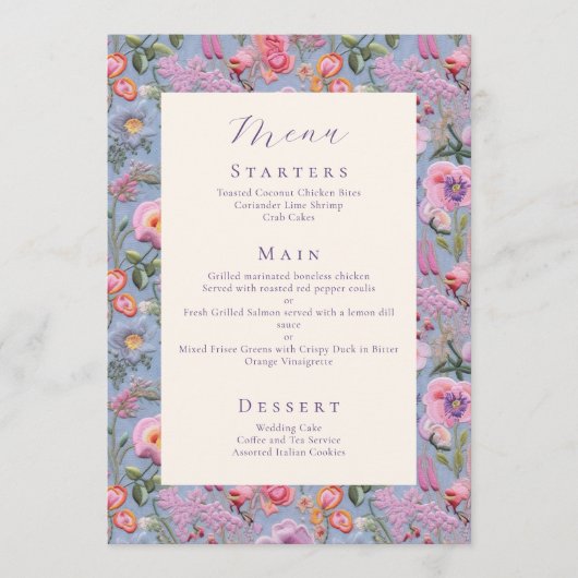 Maximalistische Botanische Borduurwerk Bruiloft Menu (Voorkant)
