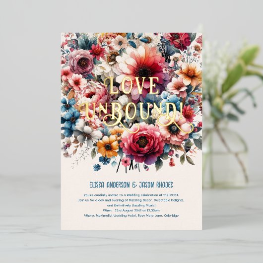 Maximalistische bruiloft uitnodigingen Bloemen the (Staand Voorkant)