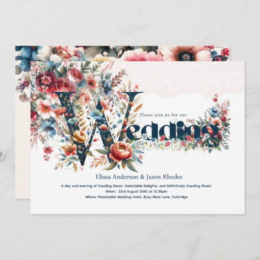 Maximalistische bruiloft uitnodigingen Floral Lace (Voorkant / Achterkant)