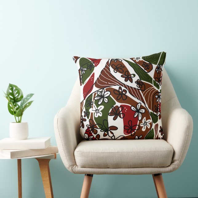 Maximalistische Floral Neuro Art - Bruin Wit Kussen (Stoel)