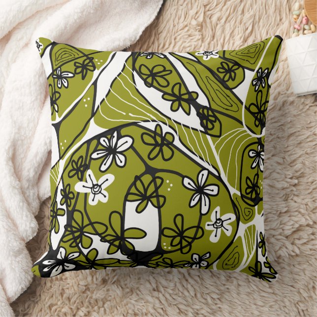 Maximalistische Floral Neuro Art - Olive White Kussen (Deken)