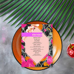Maximalistische gemarmerde moderne bloemige bruilo menu<br><div class="desc">Lichtroze 6 zijdige geometrische vorm over roze sinaasappel en perzik modern bloemig met donker gemarbreerd design. Roze "menu" tekst over heldere paarse balk met daaronder zwarte tekst.</div>