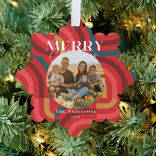 Maximalistische geometrische rode kerstfoto ornament kaart
