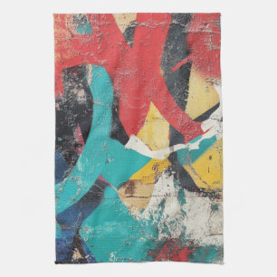 Maximalistische graffiti met rode gele blauwe spat theedoek