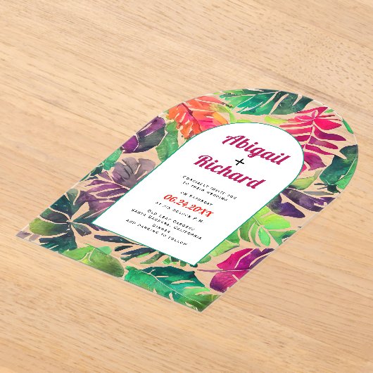 Maximalistische kleurrijke tropische bladeren boog acryl uitnodigingen (Laagn)