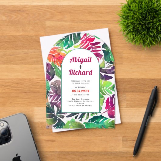 Maximalistische kleurrijke tropische bladeren boog acryl uitnodigingen (Insitu (Uitnodiging))