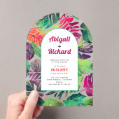 Maximalistische kleurrijke tropische bladeren boog acryl uitnodigingen (Insitu (Draagbaar))