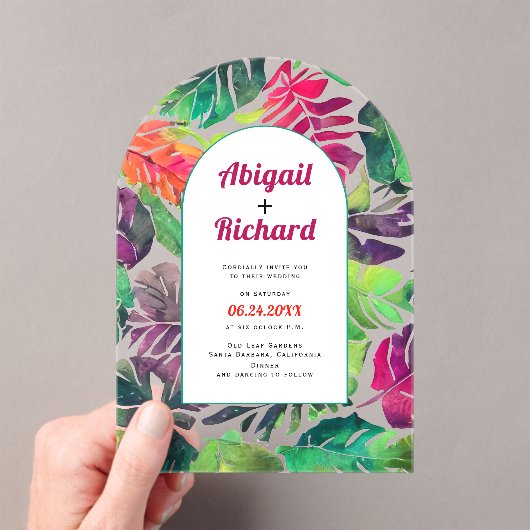 Maximalistische kleurrijke tropische bladeren boog acryl uitnodigingen (Insitu (Draagbaar))