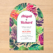 Maximalistische kleurrijke tropische bladeren boog acryl uitnodigingen (Voorkant)
