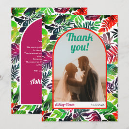 Maximalistische kleurrijke tropische bladeren boog bedankkaart