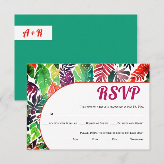 Maximalistische kleurrijke tropische bladeren groe RSVP kaartje (Voorkant / Achterkant)