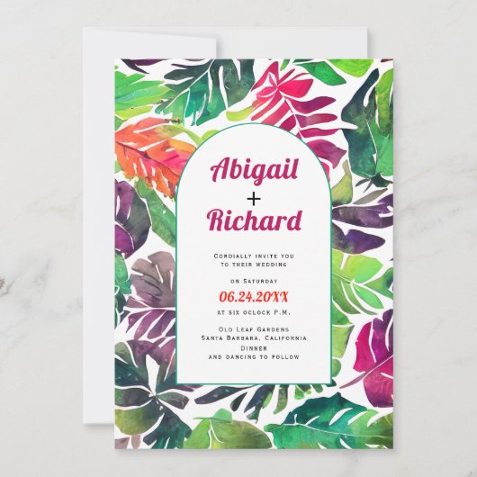 Maximalistische kleurrijke tropische bladeren over kaart (Voorkant)