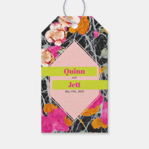 Maximalistische moderne gemarmerde bloemenbruiloft cadeaulabel