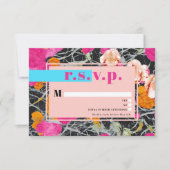 Maximalistische moderne gemarmerde bloemenbruiloft RSVP kaartje (Voorkant)