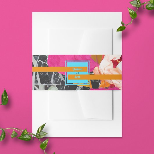 Maximalistische moderne gemarmerde bloemenbruiloft uitnodigingen wikkel