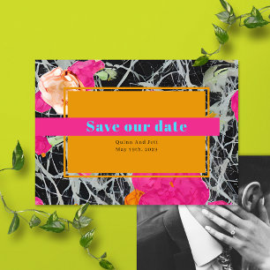 Maximalistische moderne marmeren bruiloft bloemenf save the date
