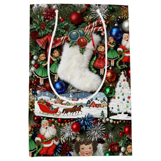 Maximalistische Retro Kerst Collage Medium Cadeauzakje (Voorkant)
