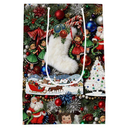 Maximalistische Retro Kerst Collage Medium Cadeauzakje (Achterkant)