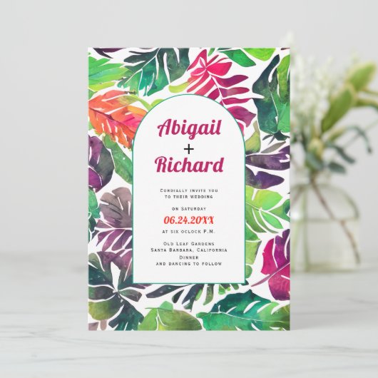 Maximalistische tropische bladeren boog QR code br Kaart (Staand voorkant)