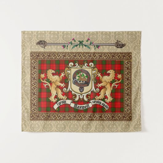 Maxwell Clan Badge & Tartan w/Lion Tapestry Wandkleed (Voorkant (horizontaal))