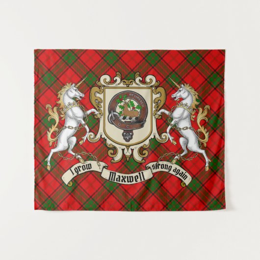 Maxwell Clan Badge & Unicorns met Tartan Wandkleed (Voorkant (horizontaal))