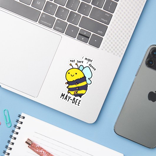 May-bee Funny Insect Bee Pun Sticker (Laptop met iPhone)