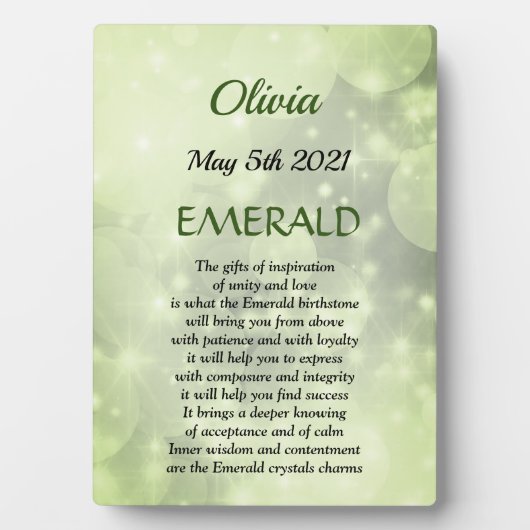 May Birthstone Emerald Tabletop Plaque met Easel Fotoplaat (voorkant)