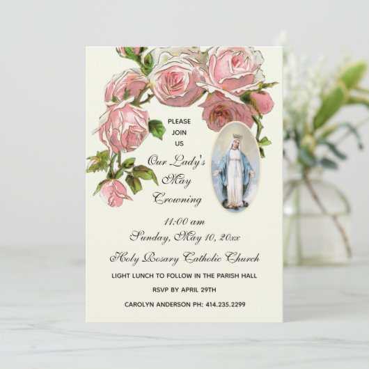 May Crowning Virgin Mary Religieuze Roze Roses Kaart (Staand voorkant)
