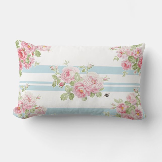 May Day Summer Rozen aqua stripe pillow Kussen (Voorkant)
