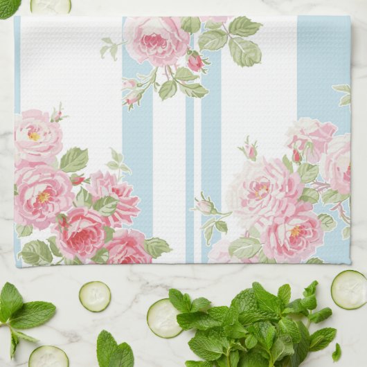 May Day Summer Rozen aqua stripe Theedoek (Gevouwen)