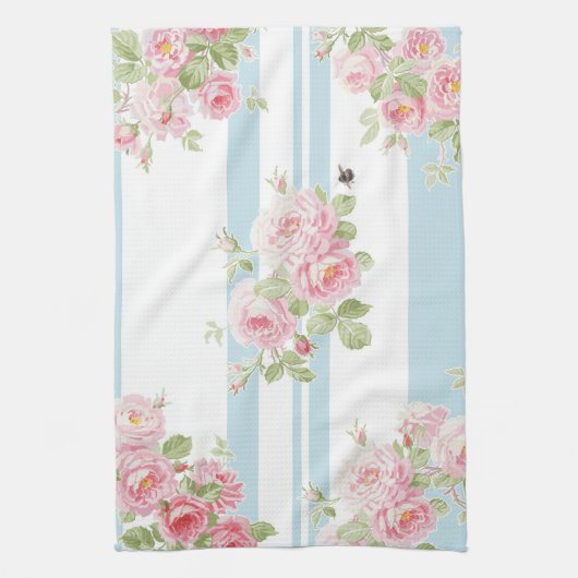 May Day Summer Rozen aqua stripe Theedoek (Verticaal)