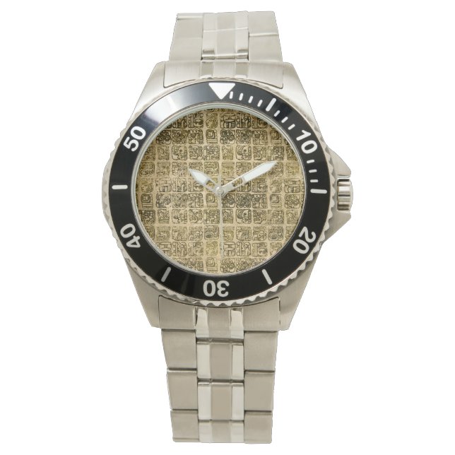 Maya- en aztec-glyphs goud op  textuur horloge (Voorkant)