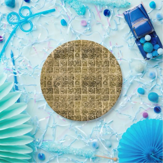 Maya- en aztec-glyphs goud op textuur papieren bordje (Feest)