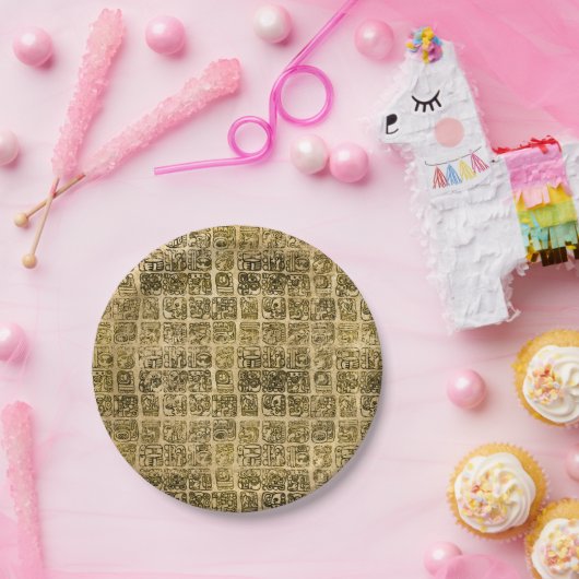 Maya- en aztec-glyphs goud op textuur papieren bordje (Feest)