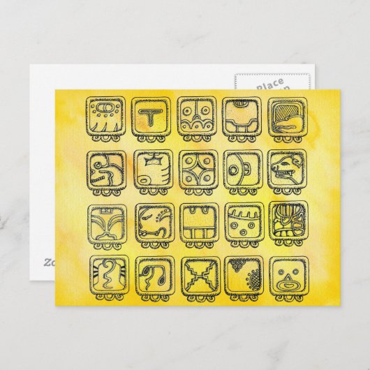 Mayan Aztec Day Signs on Yellow Briefkaart (Voorkant / Achterkant)