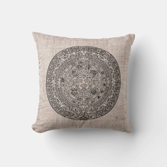 Mayan Aztec Sun Calender op Burlap Kussen (Voorkant)