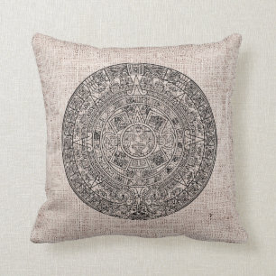 Mayan Aztec Sun Calender op Burlap Kussen