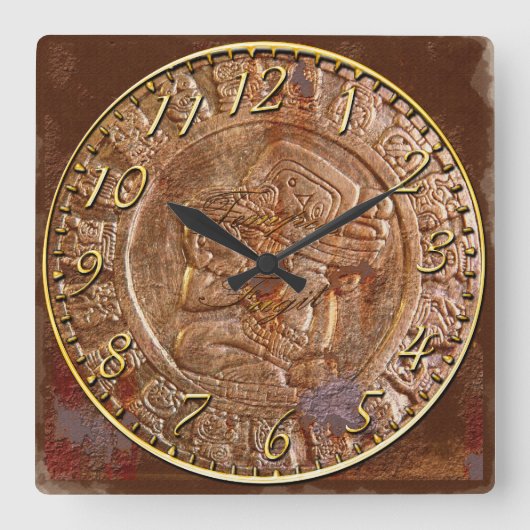Mayan Carved Metal Aztec Mexican Art History Clock Vierkante Klok (Voorkant)