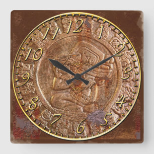 Mayan Carved Metal Aztec Mexican Art History Clock Vierkante Klok
