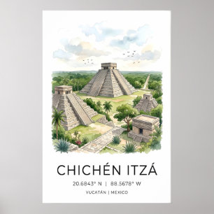 Mayan Reis Kunstprint, Chichen Itza Piramide, Palm Poster