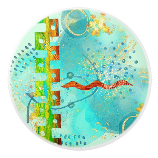 Mayan Turquoise & Golden Misty Sky Keramische Knop (Voorkant)