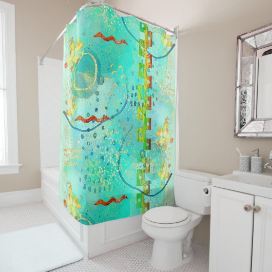 Mayan Turquoise & Golden Misty Sky Shower Curtain Douchegordijn (In situ)
