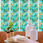 Mayan Turquoise & Golden Misty Sky Tegeltje<br><div class="desc">Dit luchtige en lichtzinnige ontwerp viert de Mayaanse cultuur op het schiereiland Yucatan. Het show een Mayaanse krijger sculptuur, die naar de horizon kijkt. De voortreffelijke turquoise en het gouden baseboard zorgen voor de inheemse Mexicaanse Caraïben. Etnische Mexicaanse kunst op zijn mooiste. Het hele ontwerp wordt bedekt door een pure...</div>