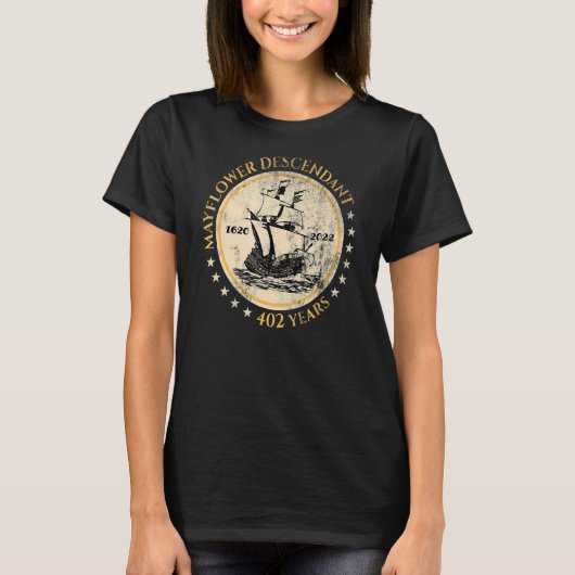 Mayflower afstammeling 402 jaar Jubileum T-shirt (Voorkant)