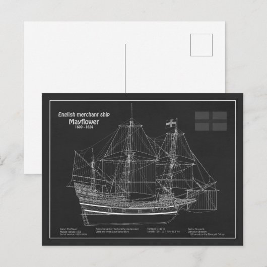 Mayflower - scheepsblauwdrukplannen PD Briefkaart (Voorkant / Achterkant)