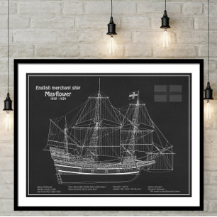 Mayflower - scheepsblauwdrukplannen PD Poster