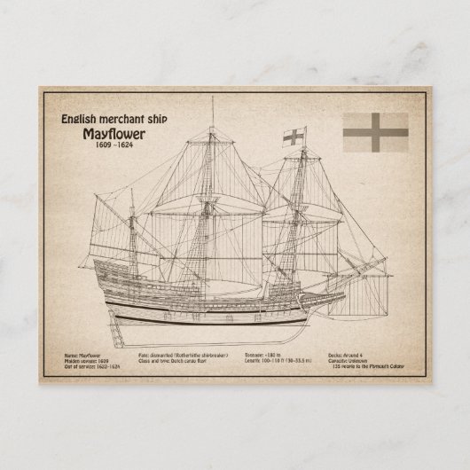 Mayflower - Schip Blauwdruk Plannen SD Briefkaart (Voorkant)