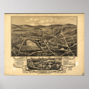 Maynard Massachusetts 1879 Antiek Panoramische Kaa Poster